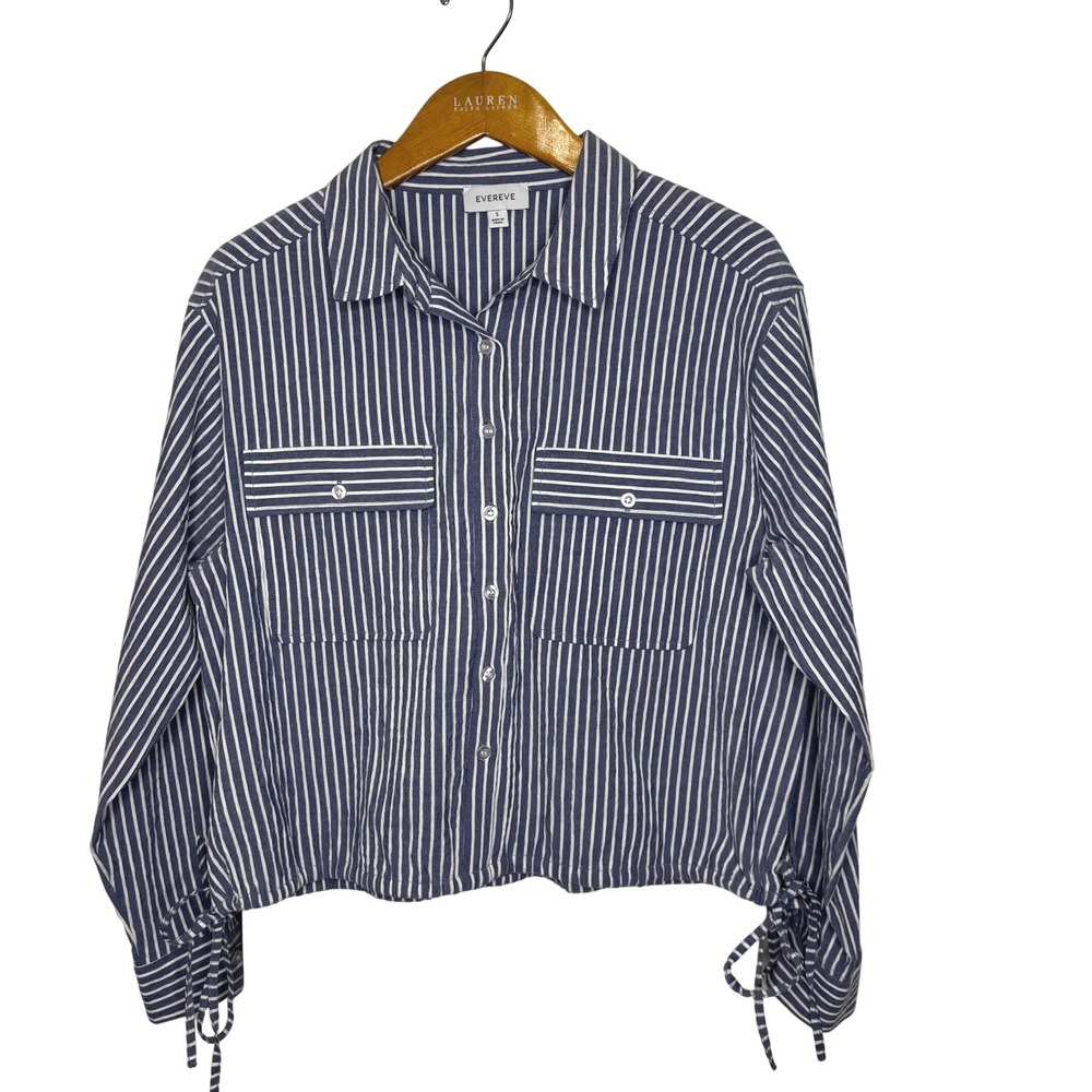 Evereve Louise Side Tie Shirt Small Blue/White‎